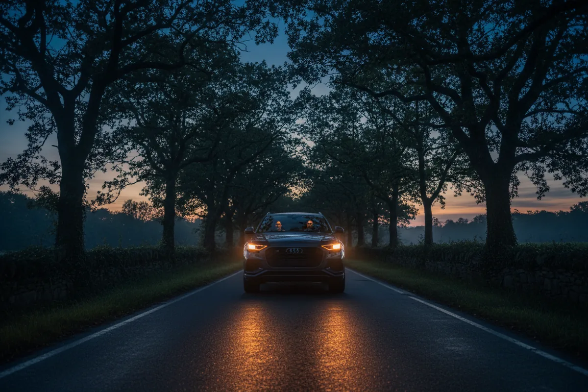 A luxury SUV driving down a tree-lined road in the Hamptons at dusk.