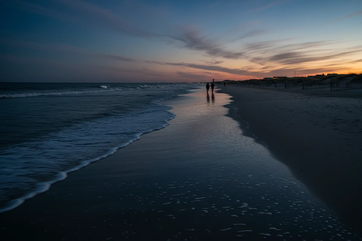 A quiet Hamptons beach at twilight with waves on the sand and a dune fence silhouetted against the sky.