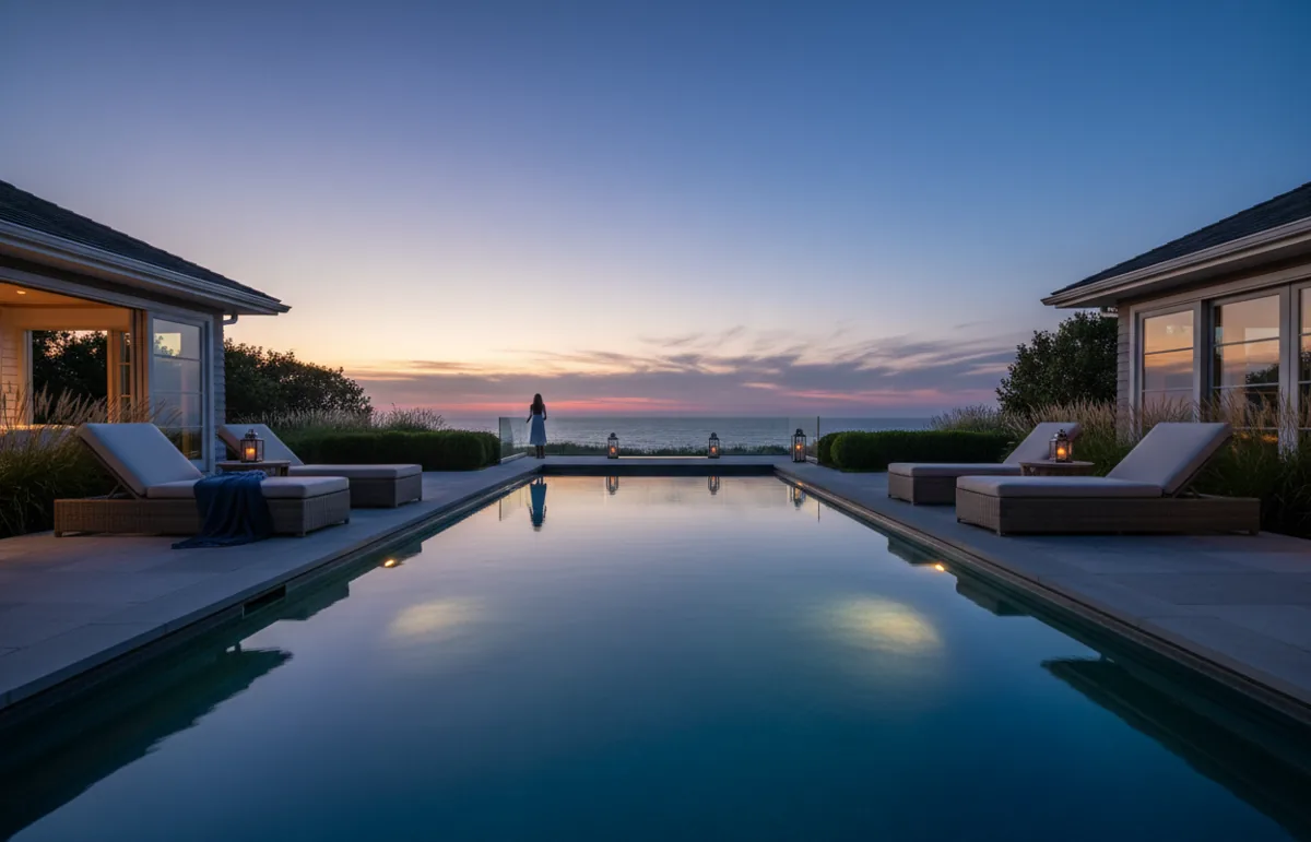 A modern swimming pool with glowing lights on a patio at dusk.