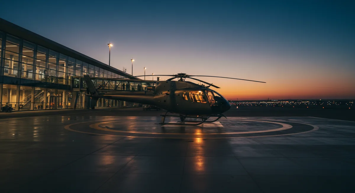 A helicopter on a private airport terminal helipad at dusk, with lights glowing.