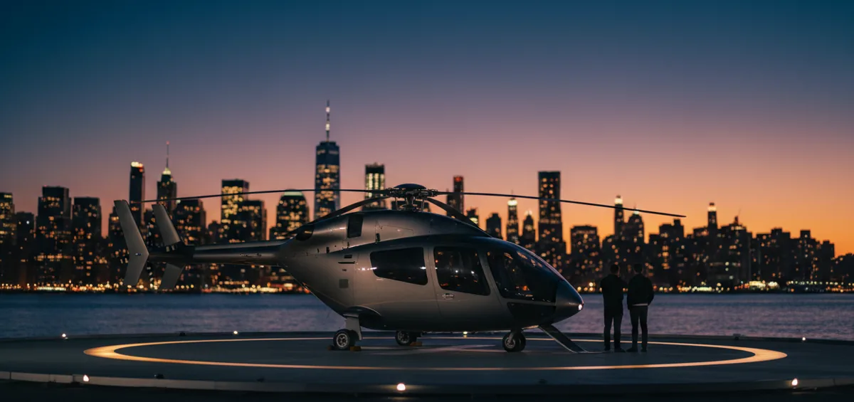 A luxury helicopter on a helipad at dusk, with the blurred lights of the Manhattan skyline in the background.