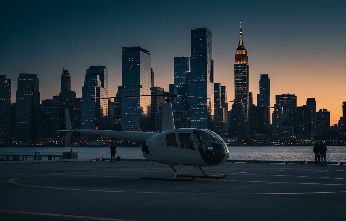 A twin-engine helicopter on a Hudson River heliport at dusk with the Empire State Building and Hudson Yards behind it.