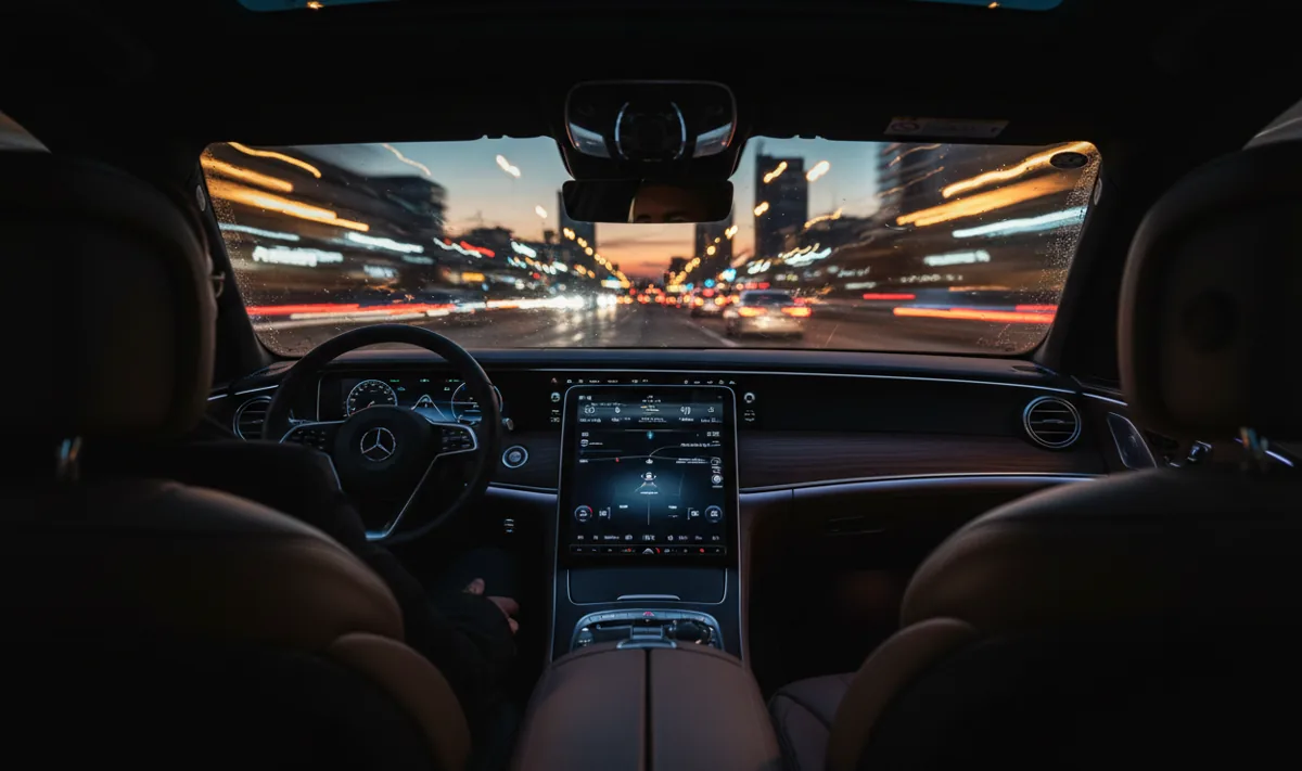 View from inside a luxury car driving through city traffic at night, with blurred lights in the background.