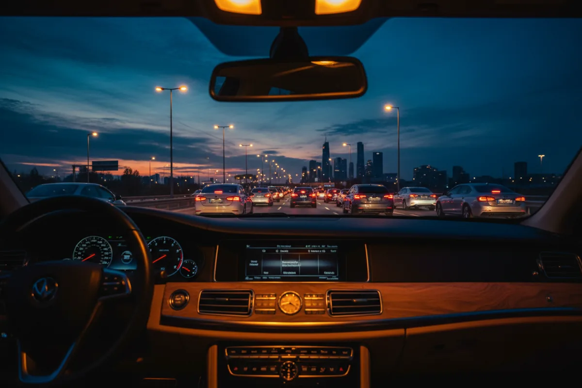 View of a congested highway at dusk from inside a car, showing heavy traffic and glowing tail lights.