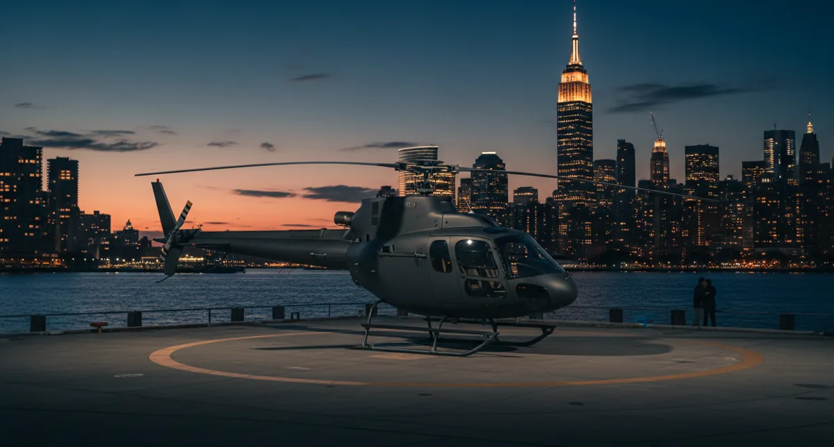A twin-engine helicopter on a waterfront helipad at dusk with the Midtown Manhattan skyline across the East River.