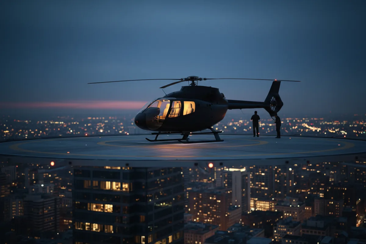 A modern helicopter on a rooftop helipad at night, with the lights of the city visible in the background.