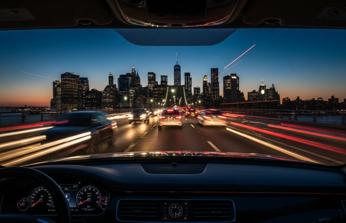 A view from inside a car of traffic on a bridge at night, with streaks of red and white lights.