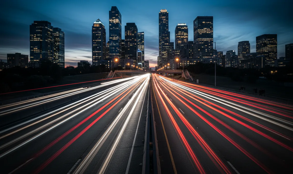 Long-exposure photo of highway traffic at dusk, showing red and white light trails from cars.