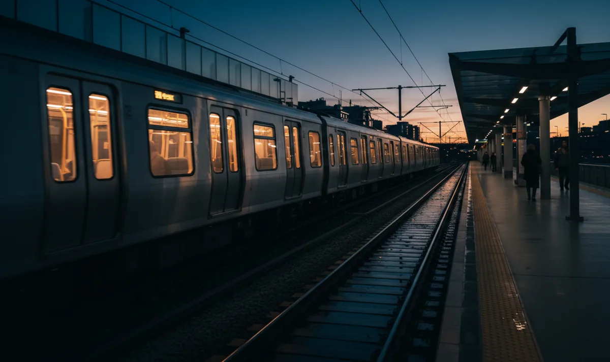 A modern commuter train at an outdoor platform during twilight.