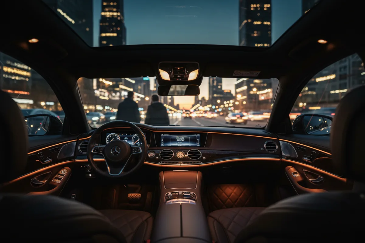 View of blurred city lights at night from the back seat of a luxury car.