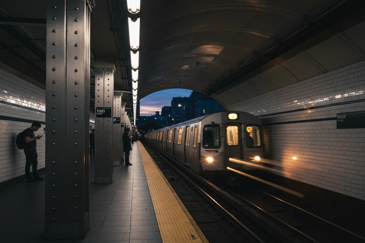 A silver subway train pulling into a white-tiled Lower Manhattan station.