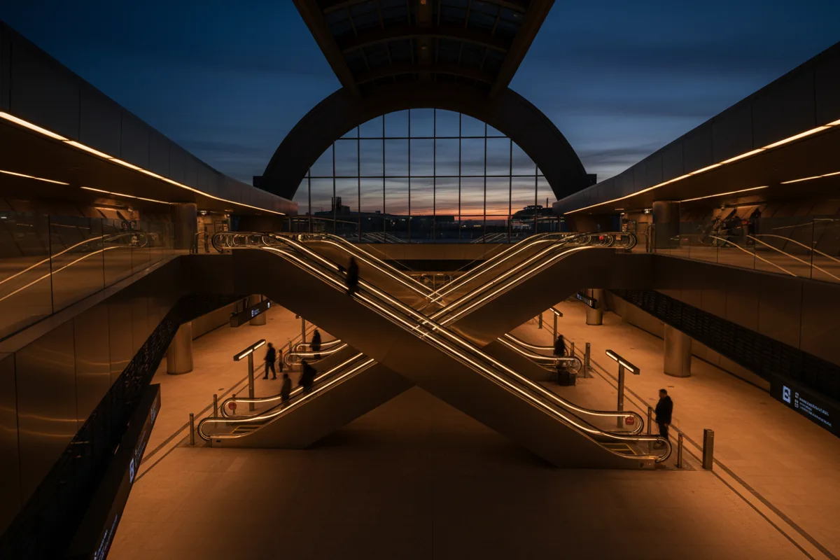 Silhouetted commuters walk through a modern, multi-level subway station interchange.