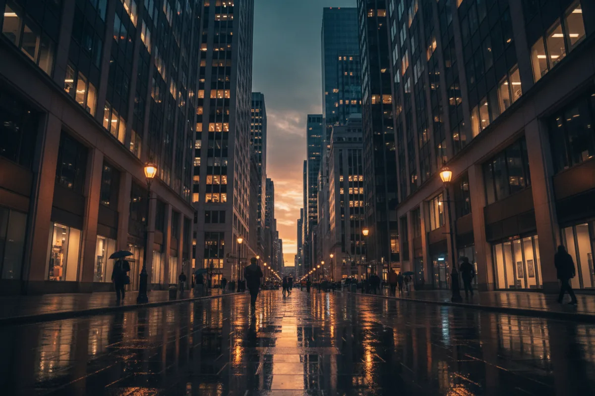 A wet street in the Financial District reflects the lights of tall buildings at dusk.