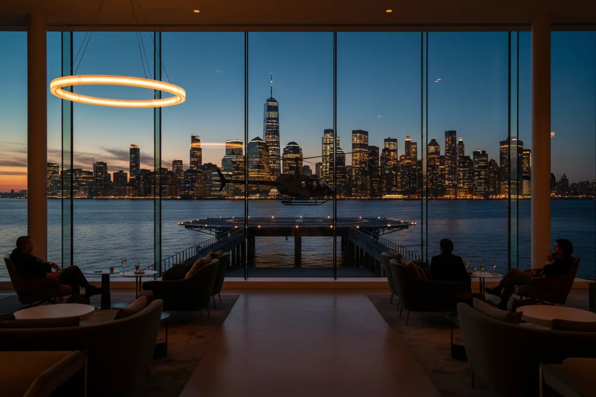 A helicopter lands at a waterfront heliport with the Manhattan skyline in the background at dusk.