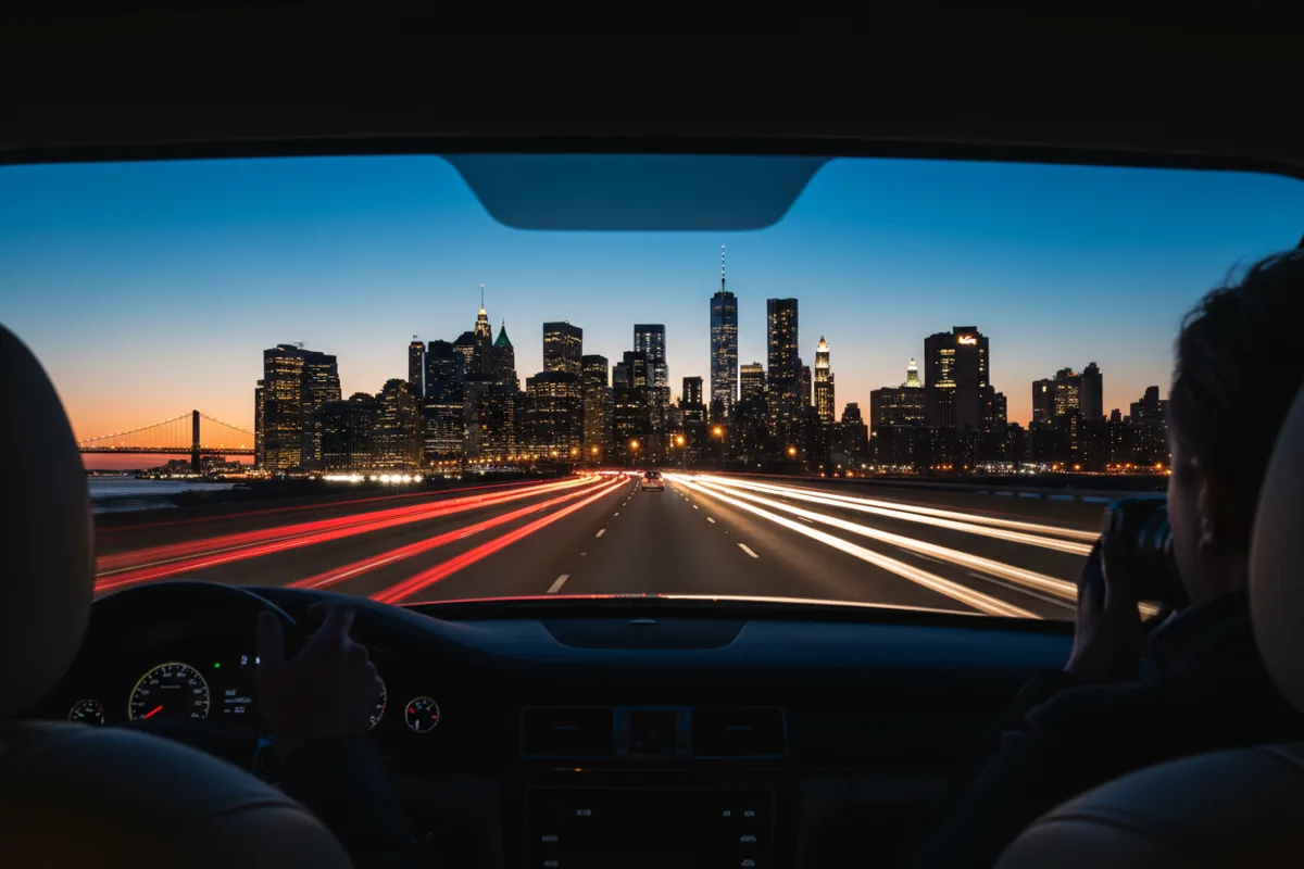 A view of traffic light trails on a highway leading toward the Manhattan skyline at night.