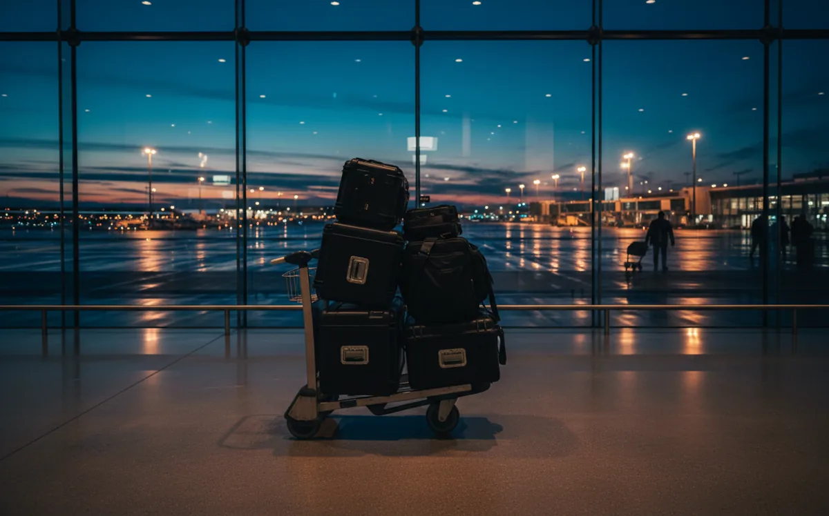 Professional camera equipment on a luggage cart inside an airport terminal at twilight.