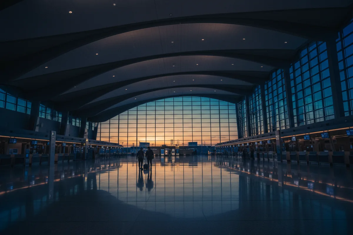A modern, empty airport terminal with high ceilings and glowing lights at dusk.