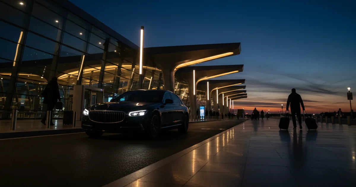 A car arriving at a modern airport terminal entrance at dusk.