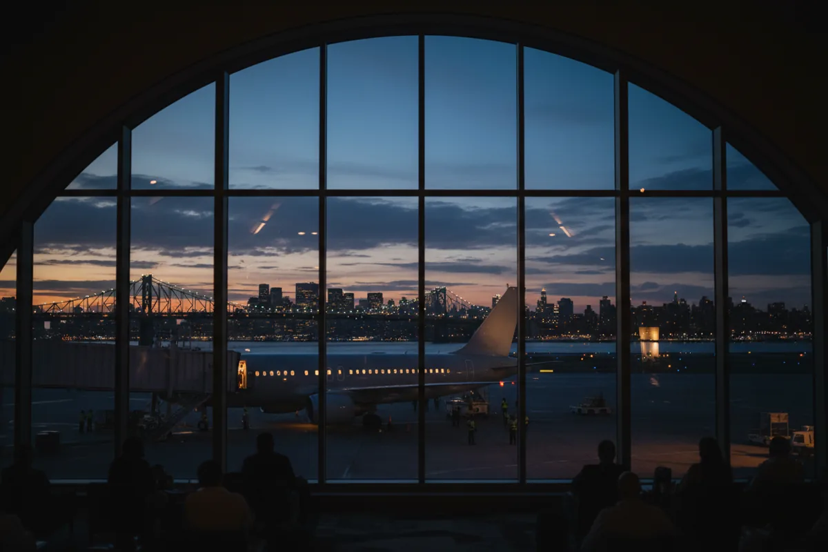 A passenger airplane parked at an airport gate at dusk, viewed from inside the terminal.