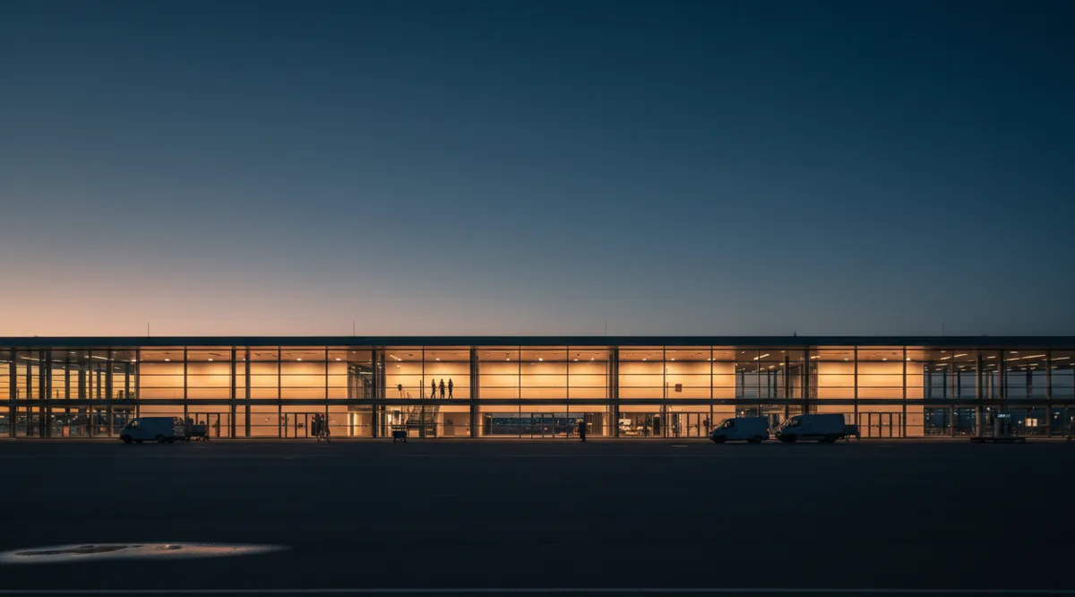 The modern glass facade of an airport terminal building lit up against the blue twilight sky.