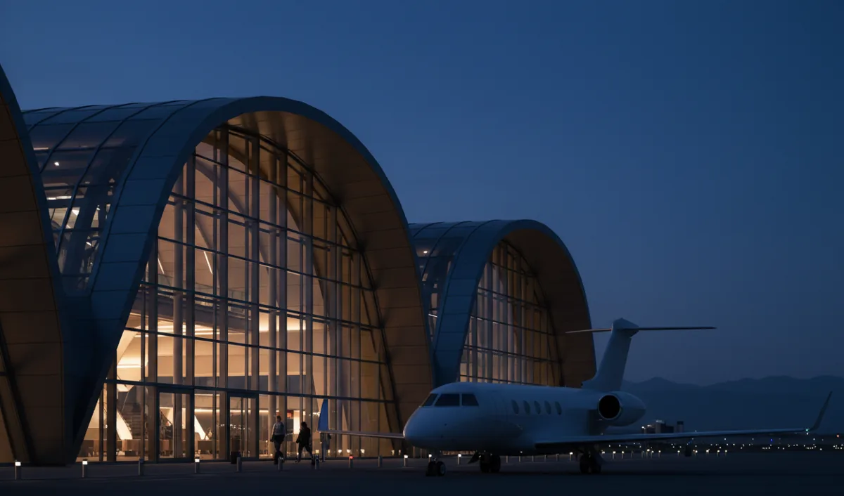 A modern glass airport terminal at dusk with a private jet parked on the tarmac.