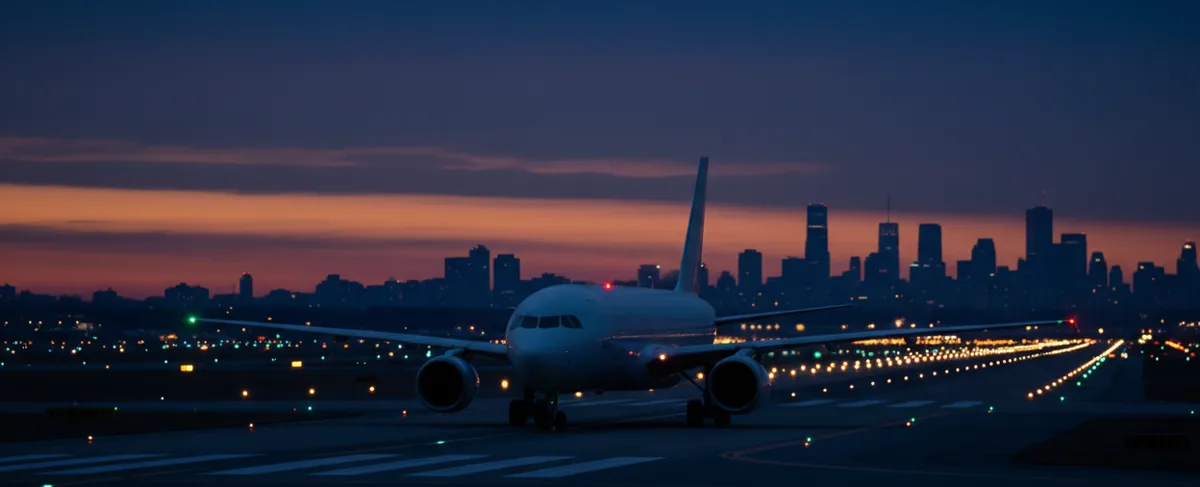 A passenger jet taxiing on an airport runway at dusk with city lights in the distance.