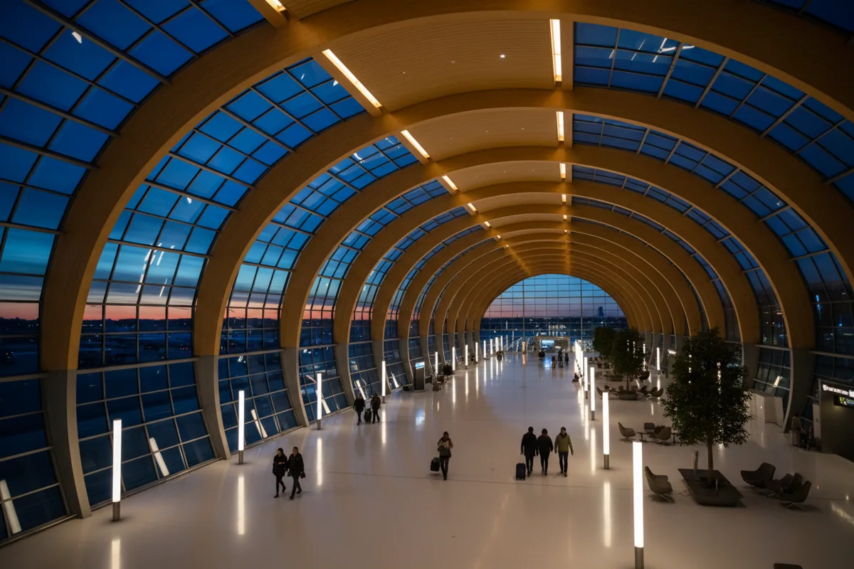 A spacious, modern airport terminal concourse with high ceilings and large windows at dusk.