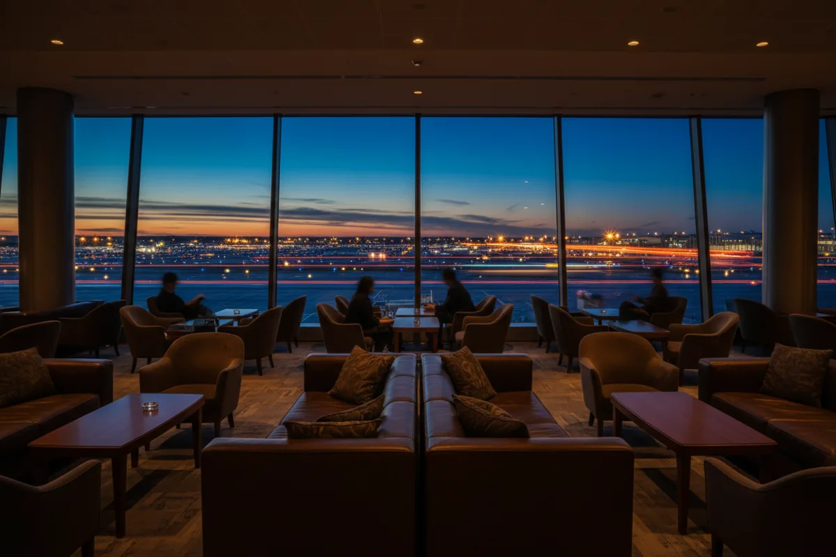 A quiet, luxurious airport lounge with a view of the airfield at night.