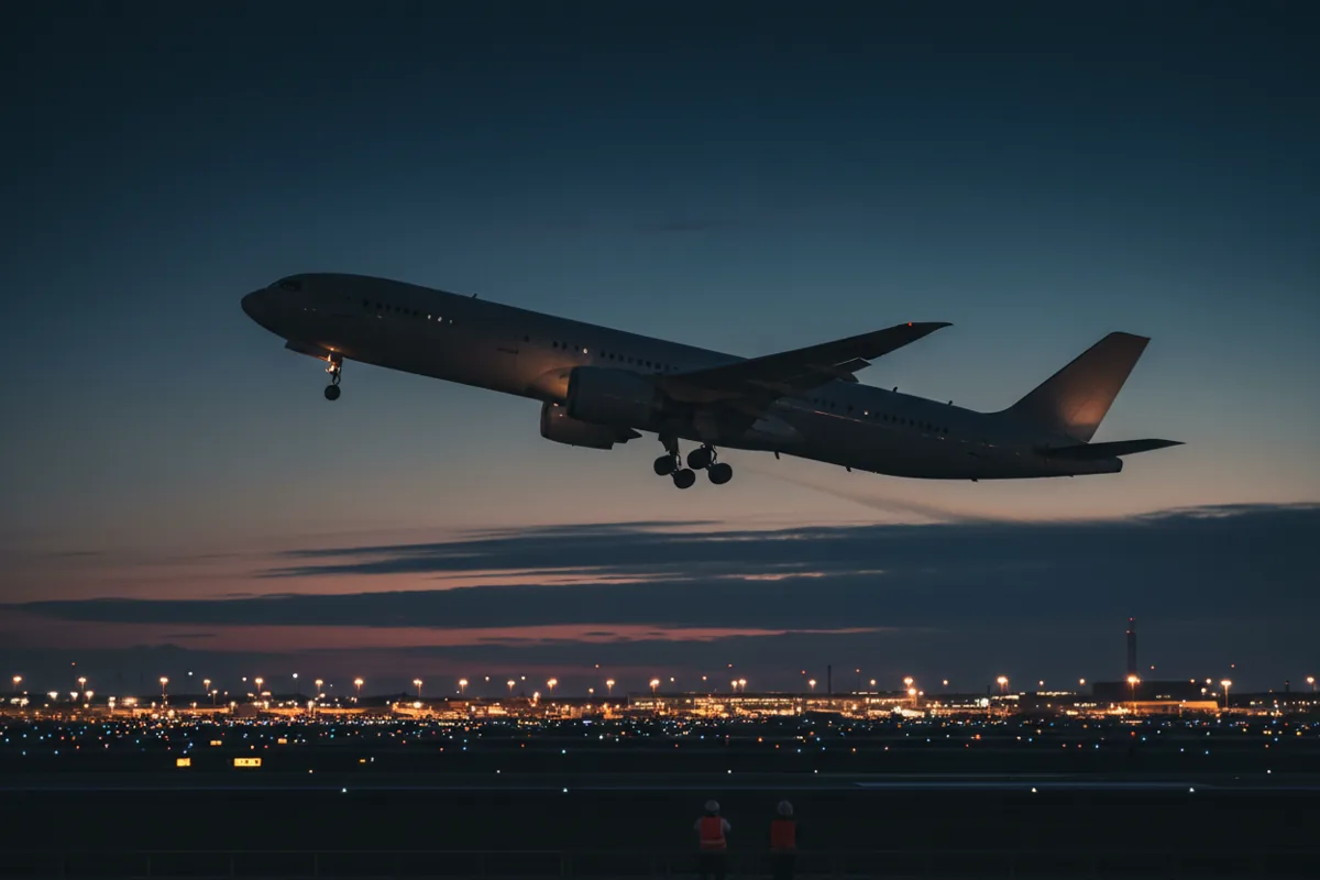 A passenger jet taking off at dusk, ascending over the glowing lights of an airport.