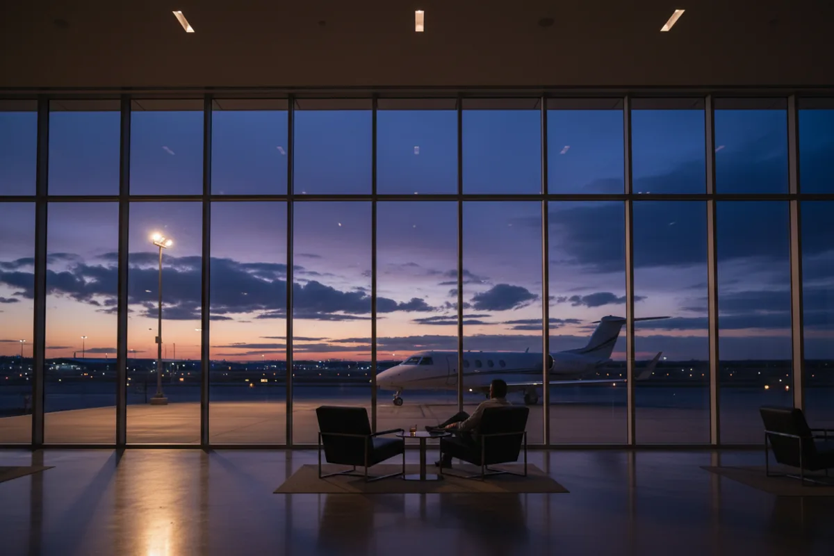 A person sits in a quiet, modern airport lounge at dusk, looking out a large window at a private jet on the tarmac.