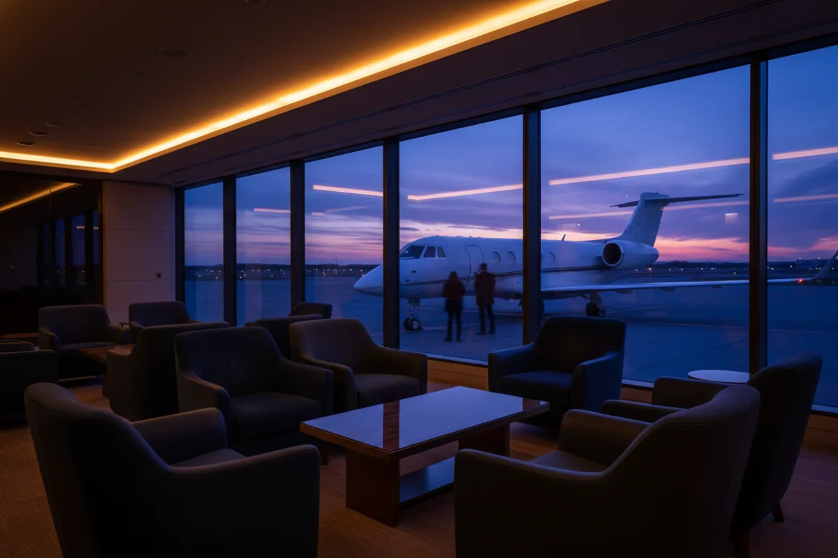 A quiet, luxurious private airport lounge with a view of a jet on the airfield.