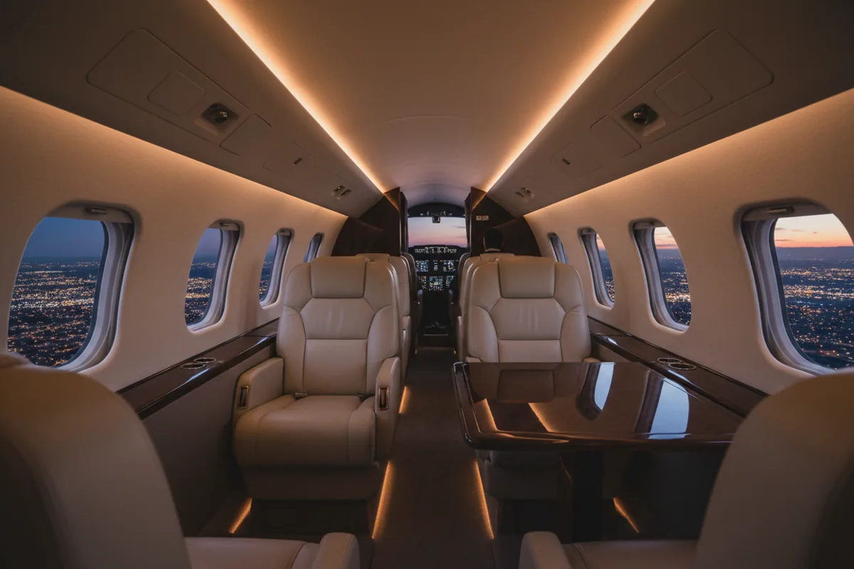 The interior of a luxurious private jet cabin at night, with a view of city lights from the window.
