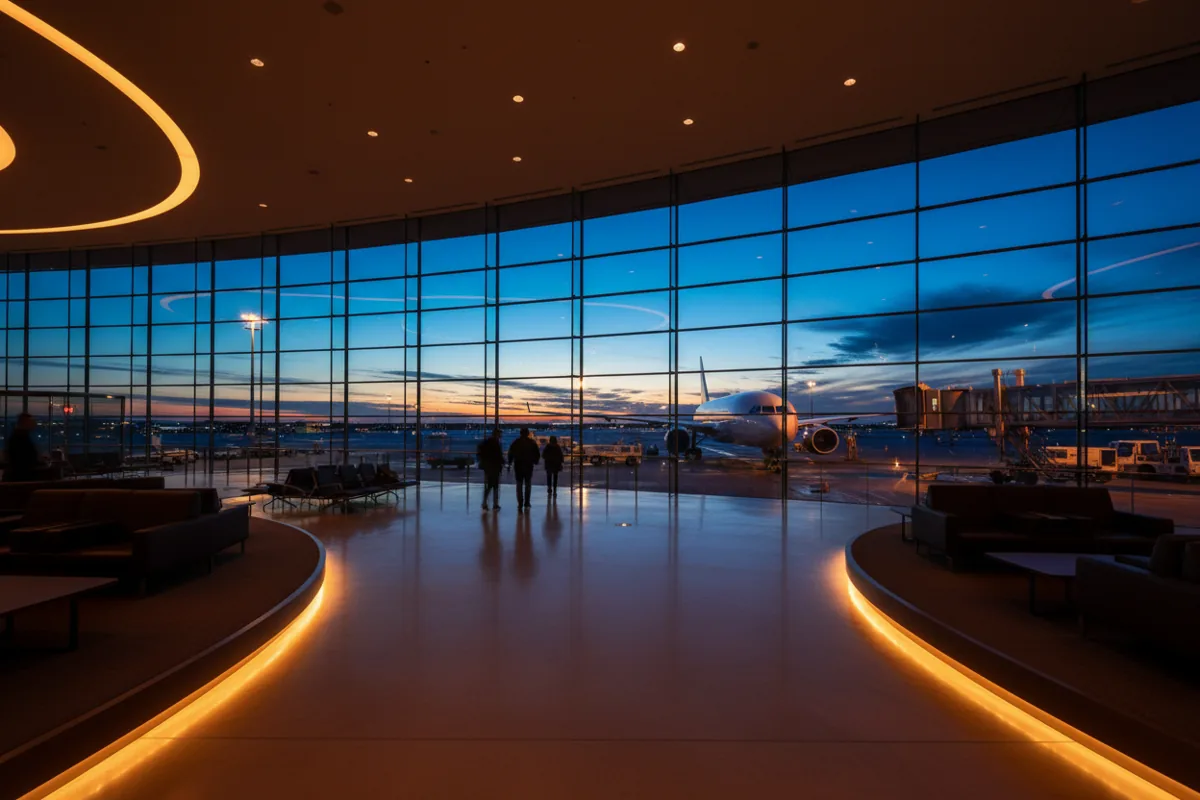 View of an airplane at a gate from inside a modern airport terminal at twilight.