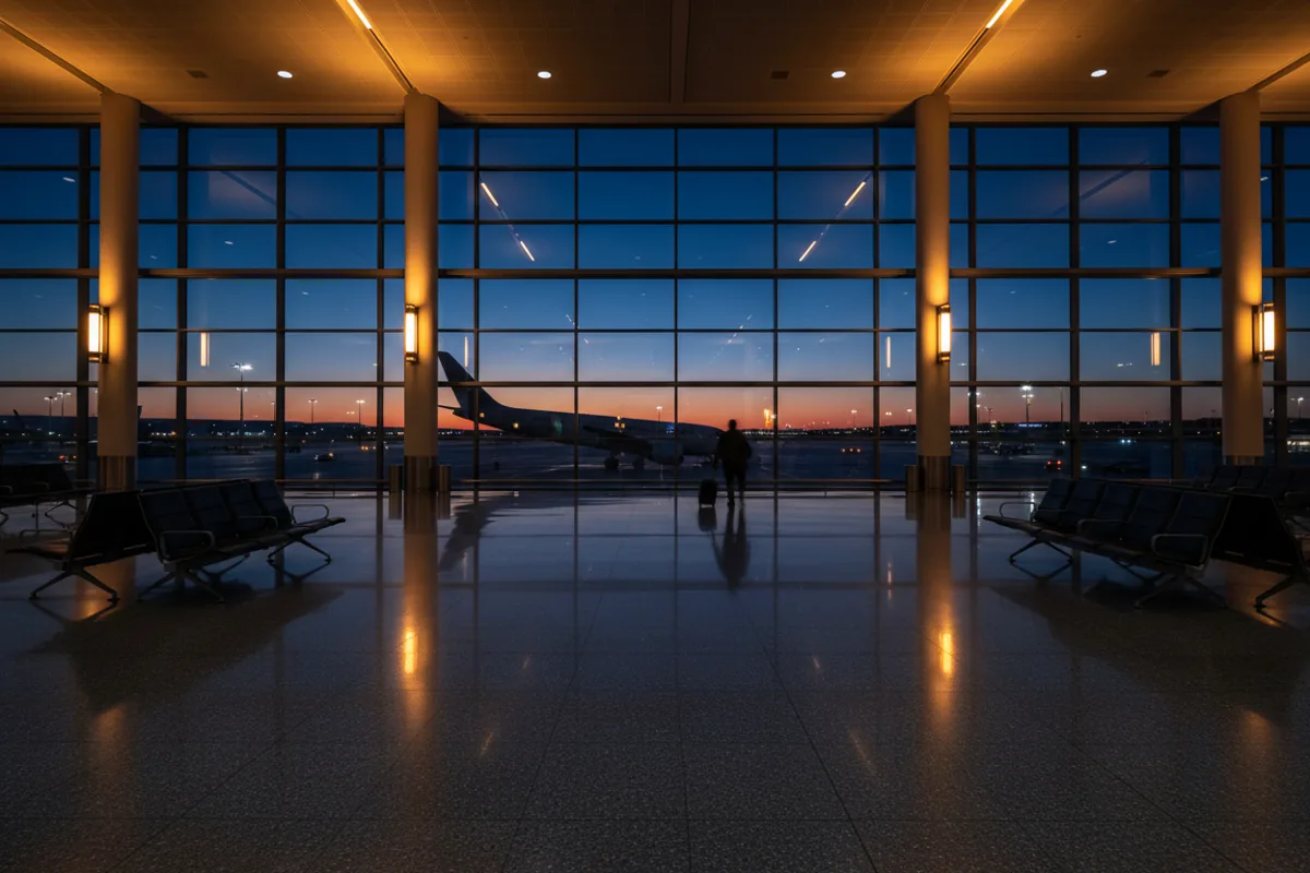An empty airport boarding gate lounge with glowing lights at dusk.