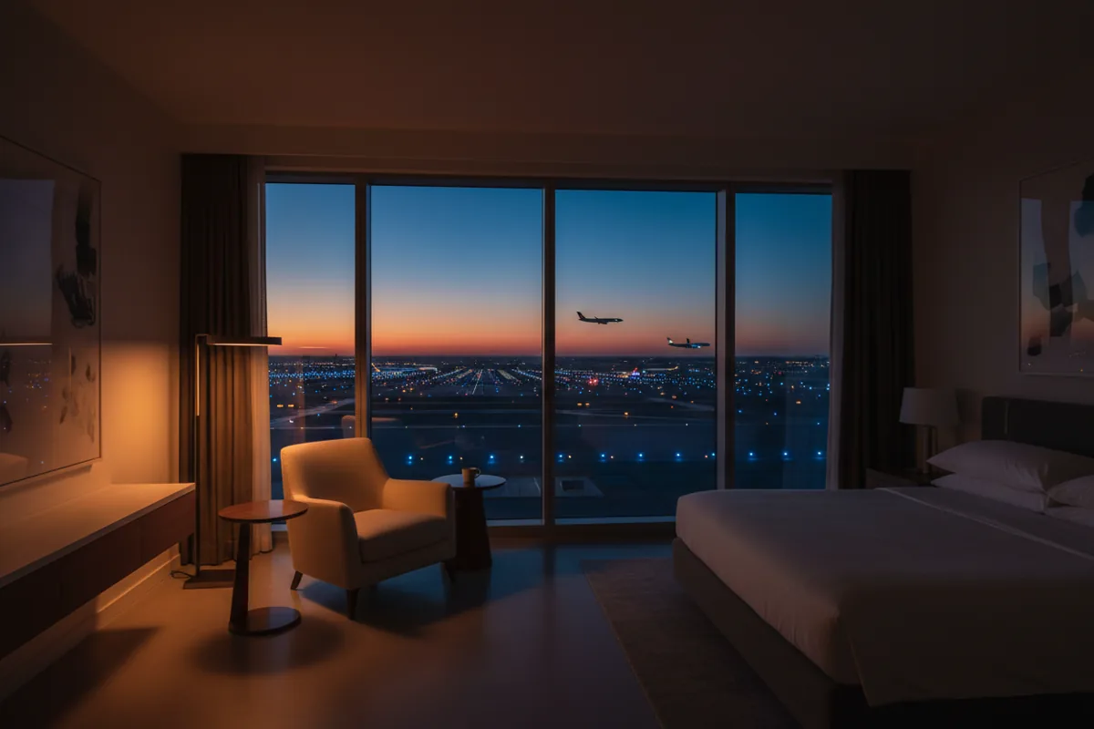 A luxury hotel room with a large window overlooking an airport at night.