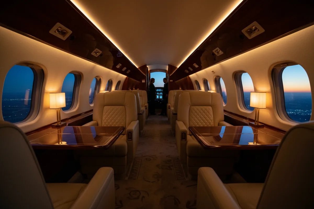 The luxurious interior of a private jet cabin with warm ambient lighting at dusk.