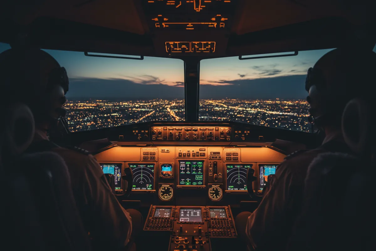 The view from a cockpit showing glowing instruments as the plane flies over a city at night.