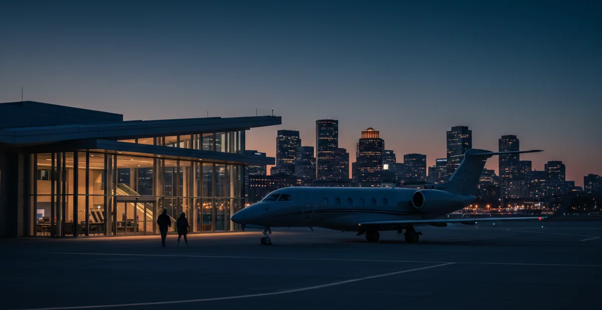 A private jet on an airport tarmac at dusk, with the Boston skyline visible in the background.