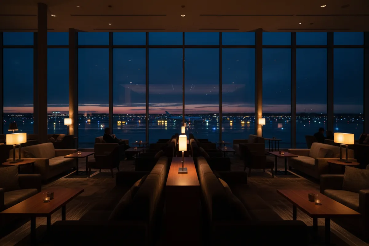 A modern, empty luxury airport lounge with large windows overlooking the tarmac at dusk.