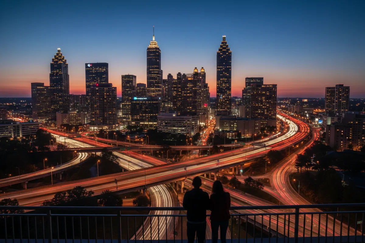 High-angle view of the Atlanta skyline and highways illuminated at night.