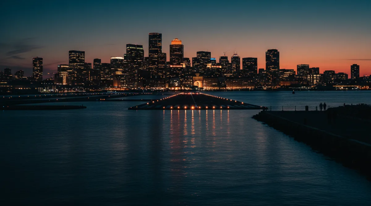 The Boston skyline and an airport runway at dusk, viewed across the water.