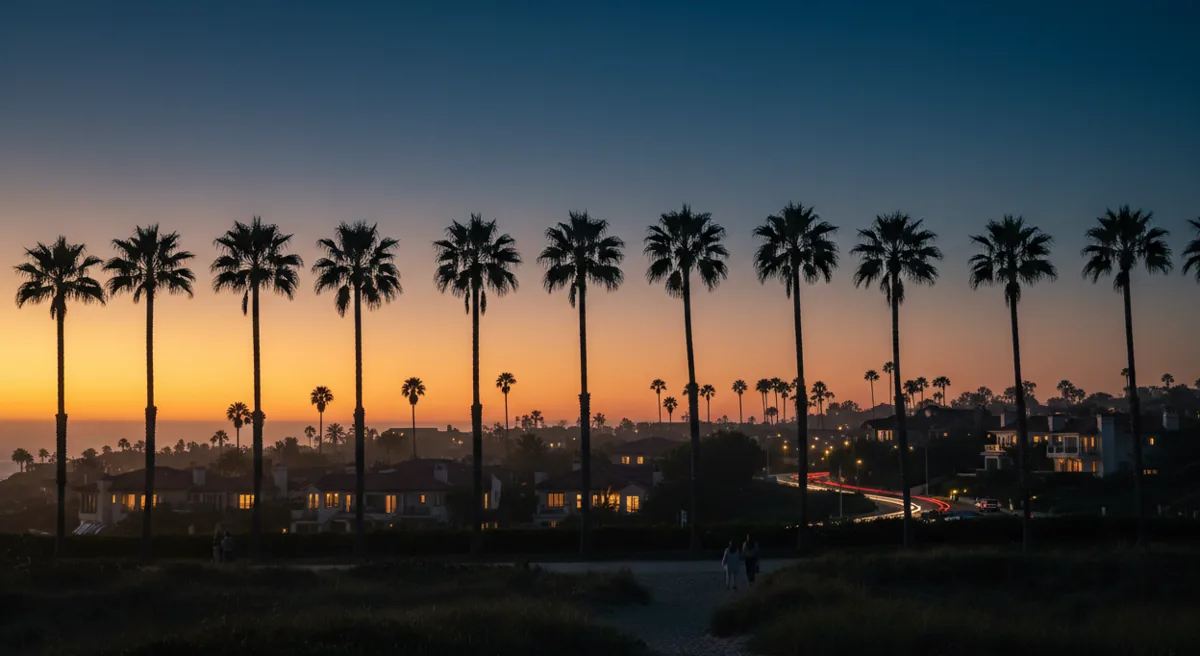 Tall palm trees silhouetted against a colorful Los Angeles sunset sky.
