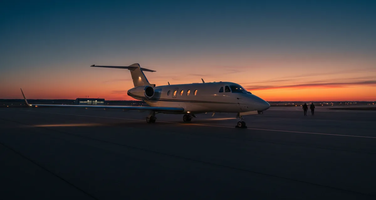 A white private jet on an airport tarmac against a colorful sunset sky.