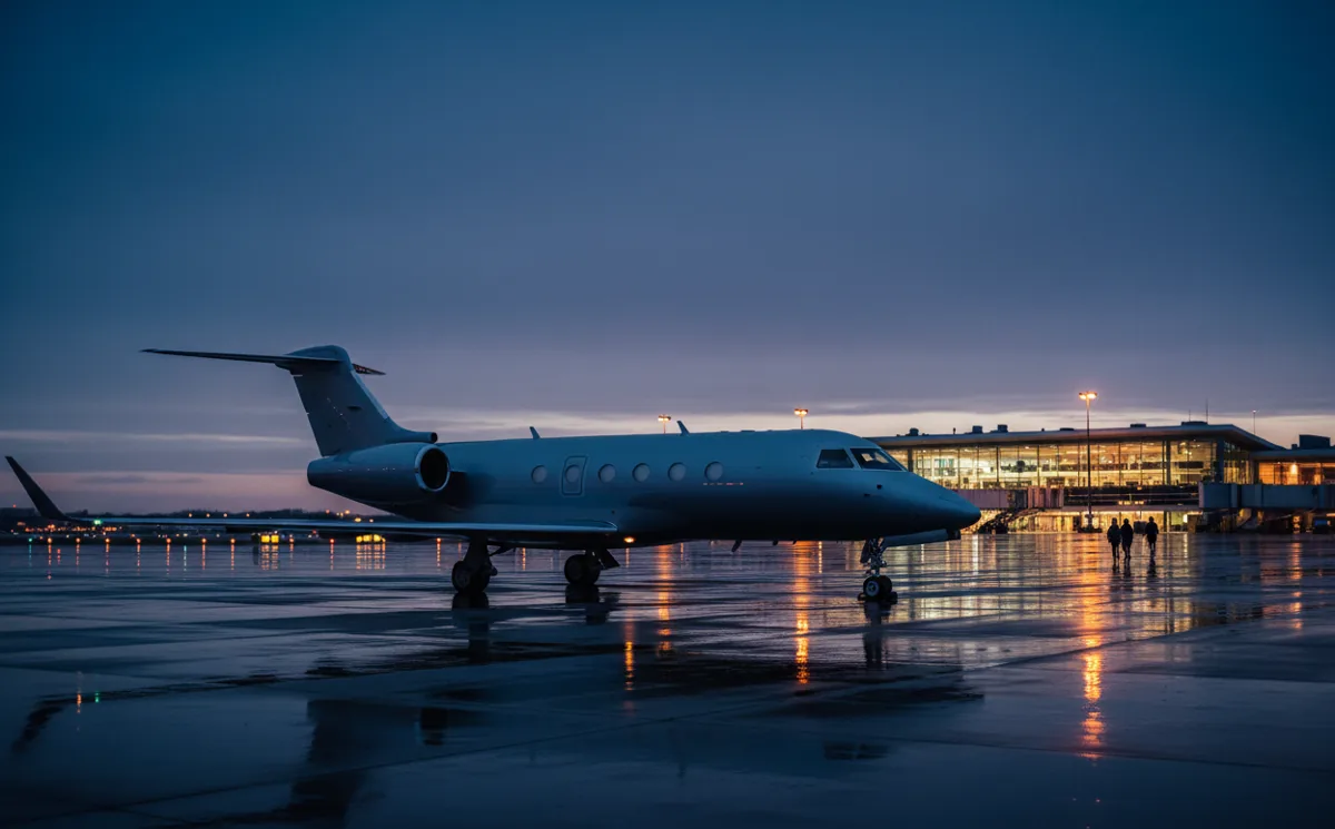A private jet on an airport tarmac at dusk, with glowing lights reflecting on the ground.