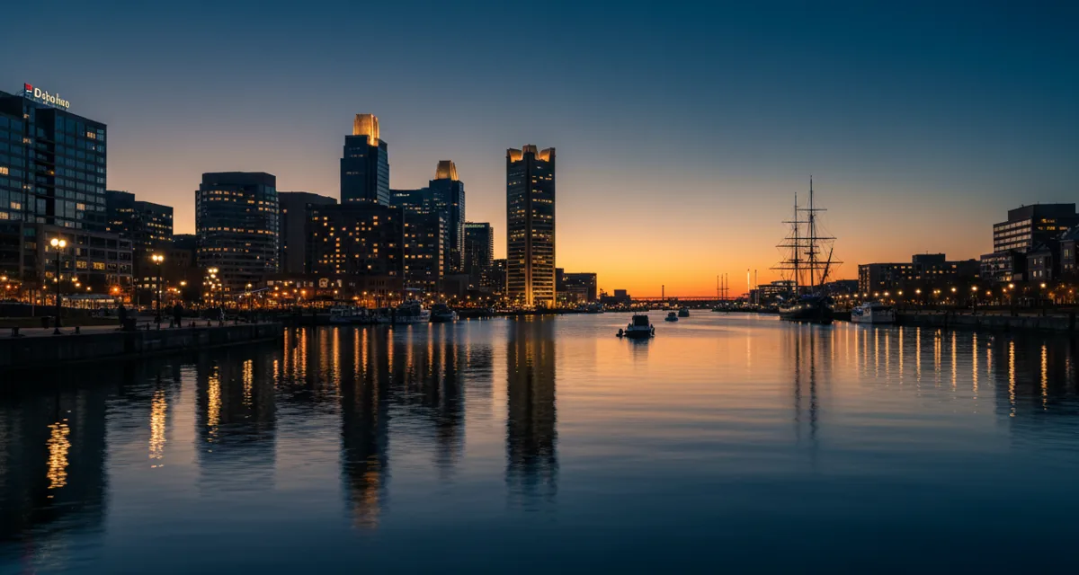Baltimore's Inner Harbor at dusk, with city lights reflecting on the water.