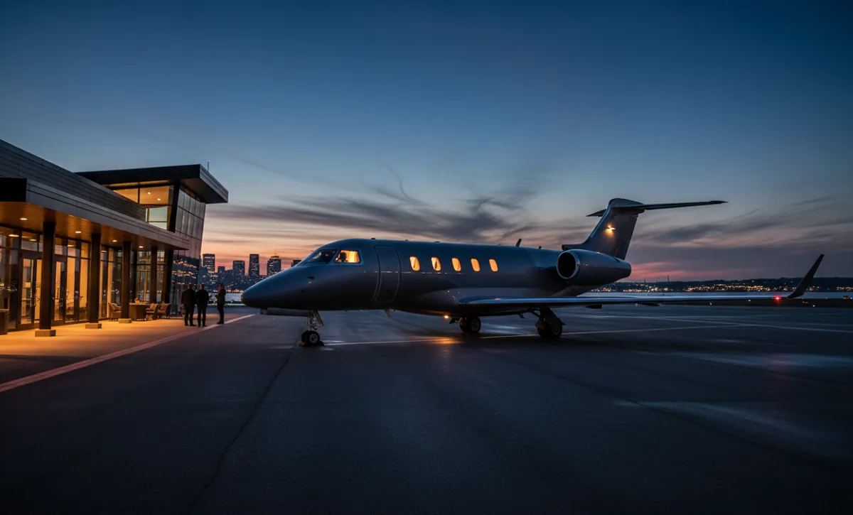 A private jet on an airport tarmac at dusk, with a city skyline in the background.