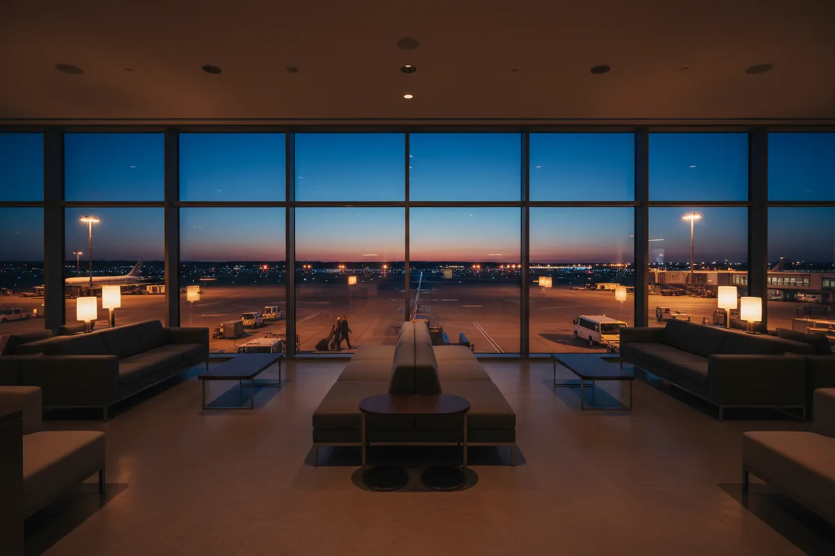 An empty, modern airport lounge with a large window overlooking the tarmac at twilight.