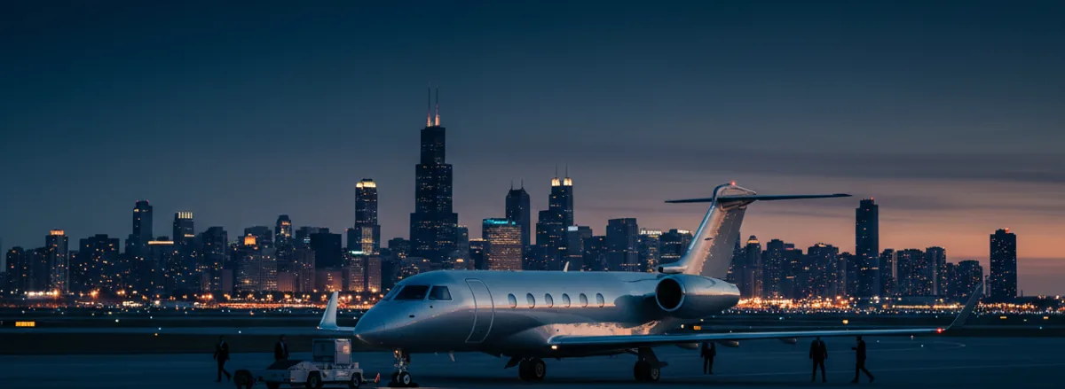 A private jet on an airport tarmac at dusk, with the Chicago skyline visible in the background.