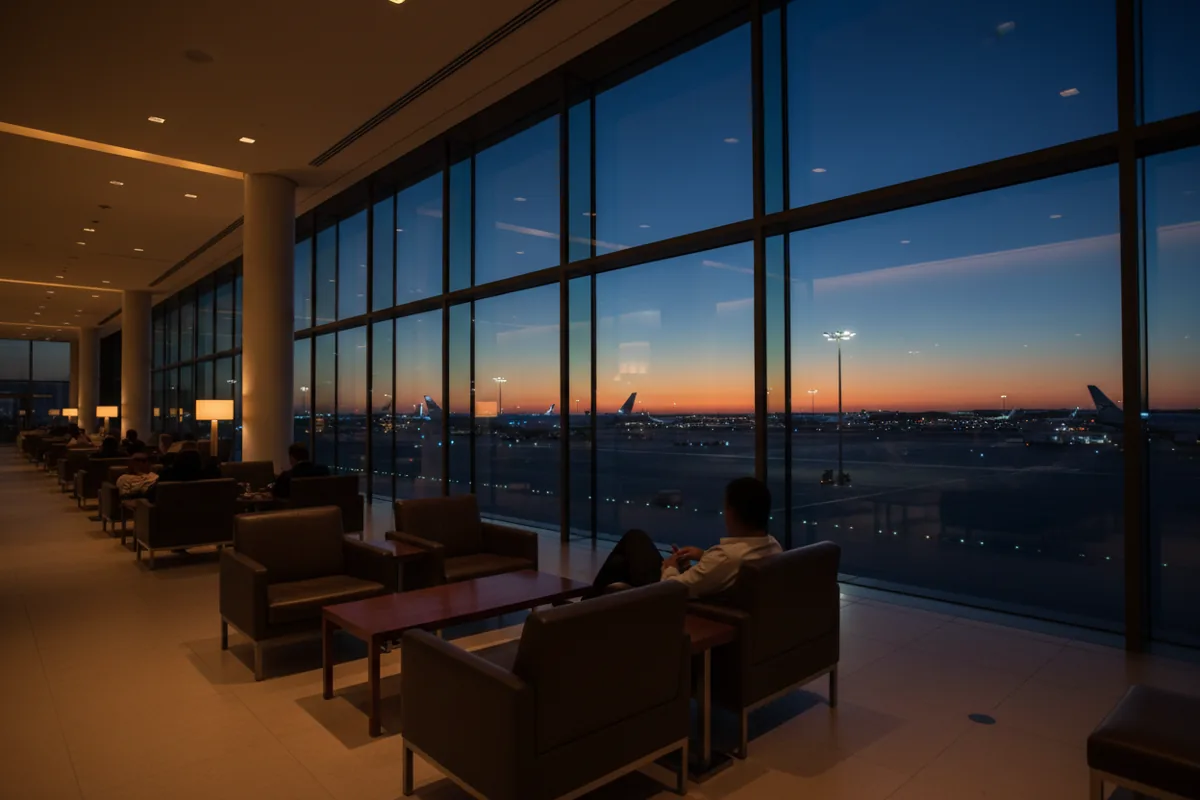 A modern airport lounge with large windows overlooking the tarmac and waiting aircraft at twilight.