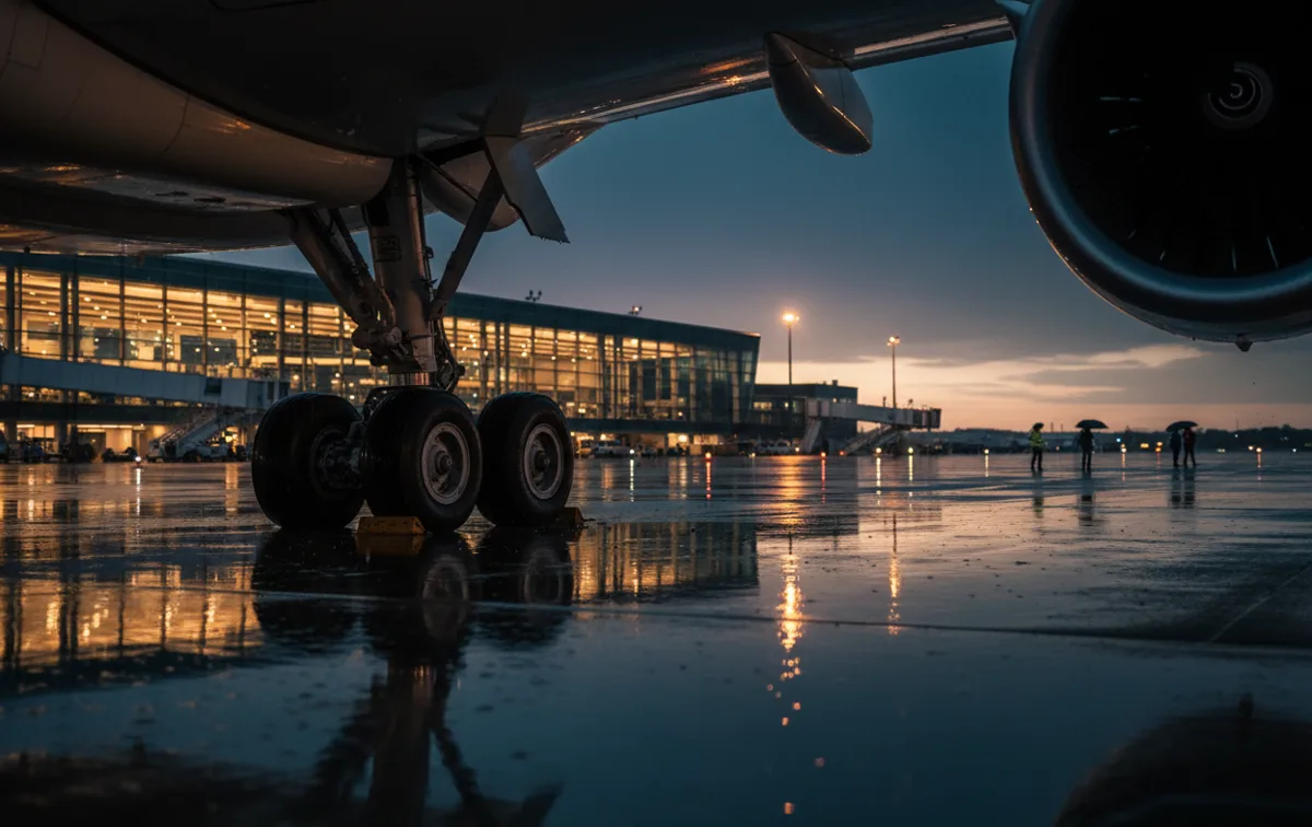 An airplane's landing gear on a wet tarmac at night, reflecting the warm glow of airport lights.